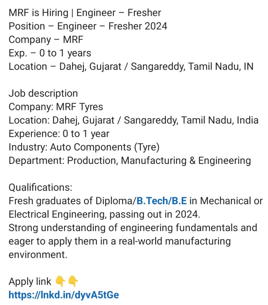 MRF is Hiring Engineer Fresher for Electrical and Mechanical Department