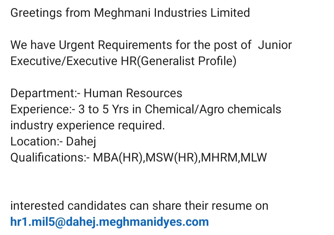 Meghmani Industries Limited Unit 5 HR Job in Dahej Money Jobs