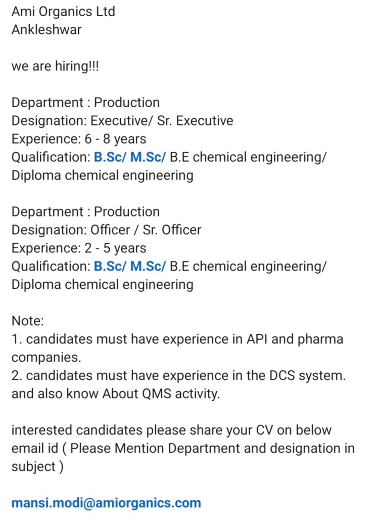 Ami Organics Ltd Ankleshwar Production Jobs