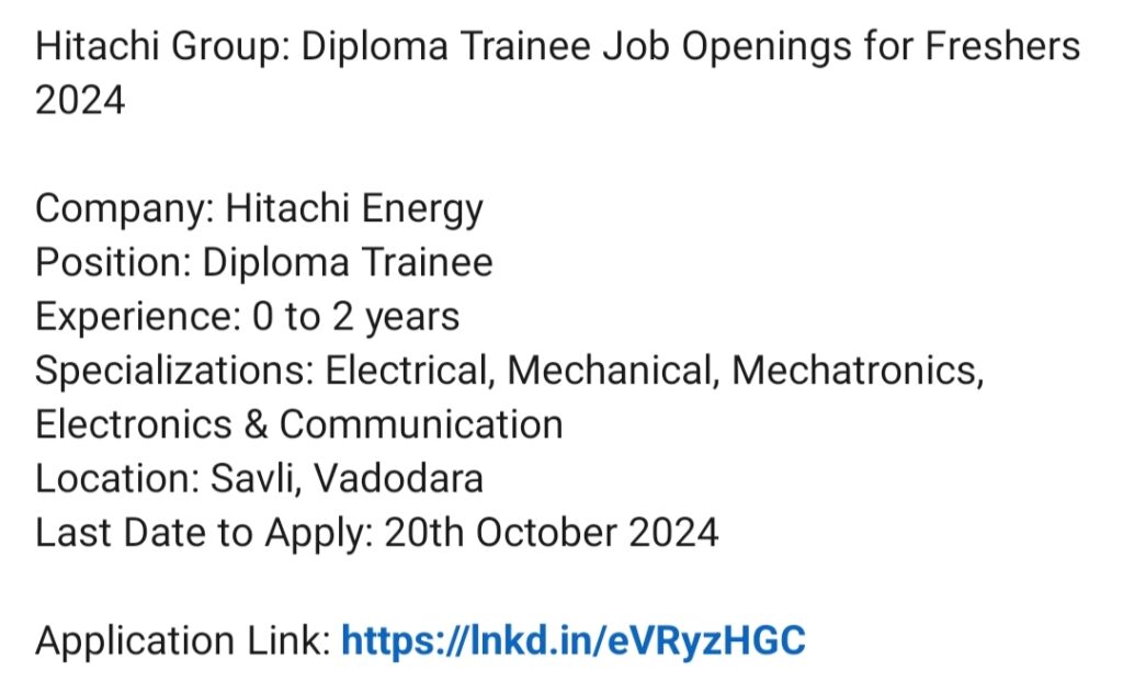 Hitachi Group Diploma Trainee Job Openings for Freshers 2024