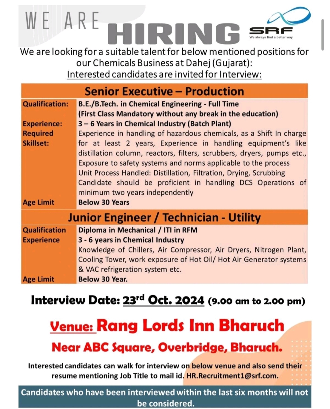 SRF Walk-in Interview for Production and Utility | Dahej Jobs - 