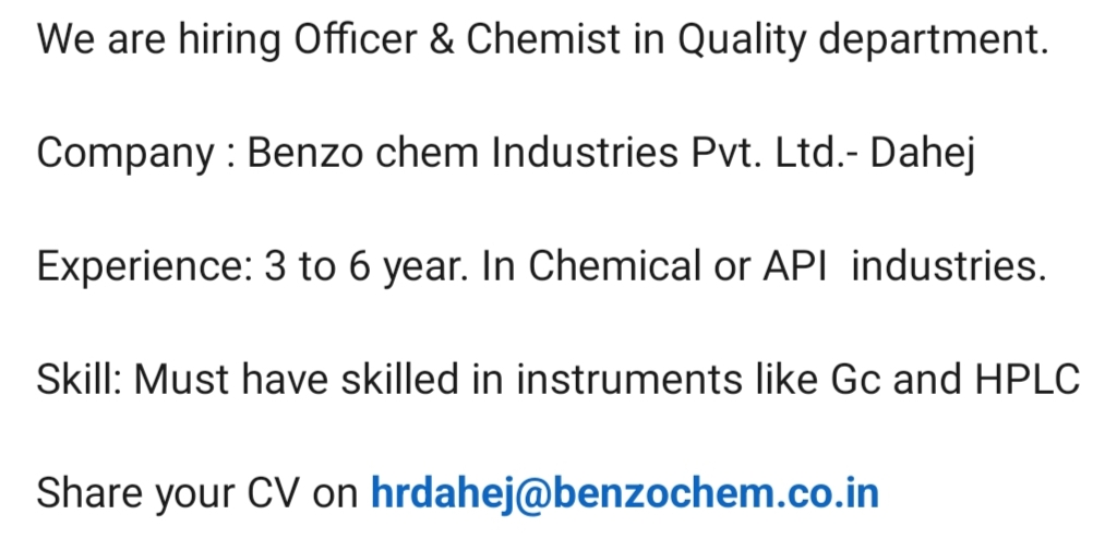 Banjo Chem Industries Dahej Jobs for Quality Department