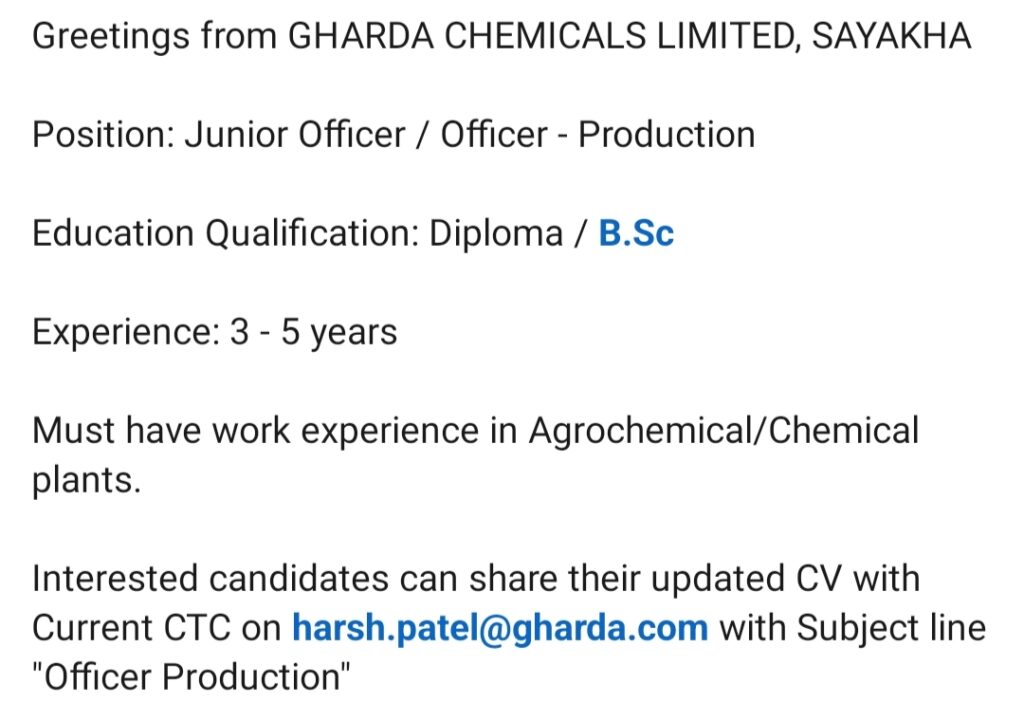 Gharda Chemicals Limited Saykha Production Jobs