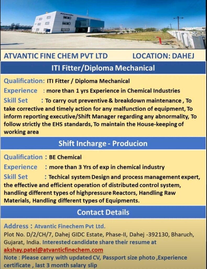 Various Jobs in Avantic Fine Chem Dahej