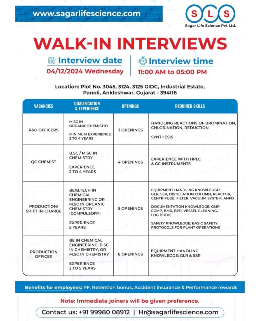 Walk-in interview in Sagar Life Science Panoli
