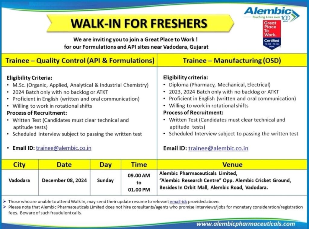 Walk in For Freshers in Alembic Pharmaceuticals Limited