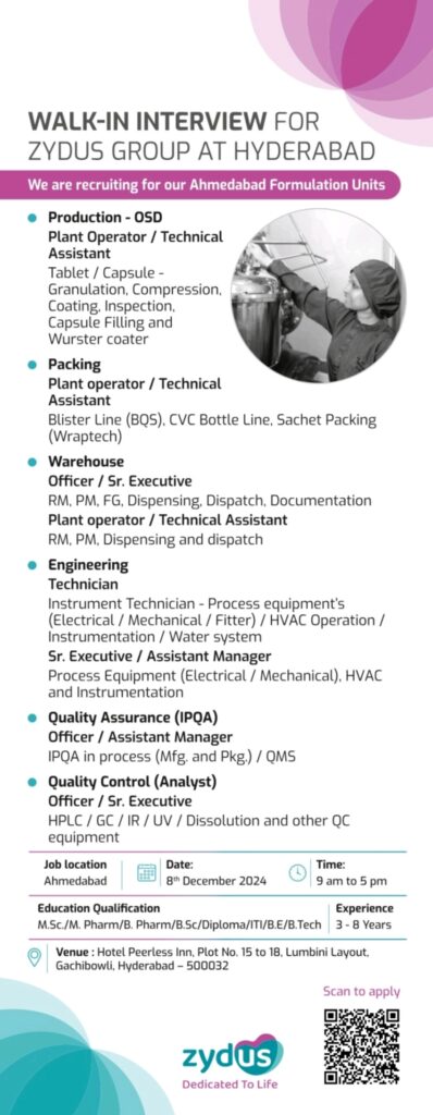 Walk-in interview for Zydus group at Hyderabad