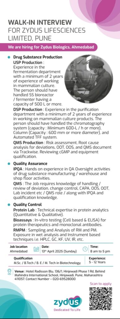 Walk-in Interview in Zydus Lifescience and Corona Remedies Limited
