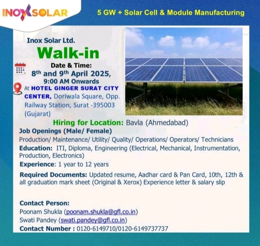 Jobs in Inox Solar and Ratnamani Metals