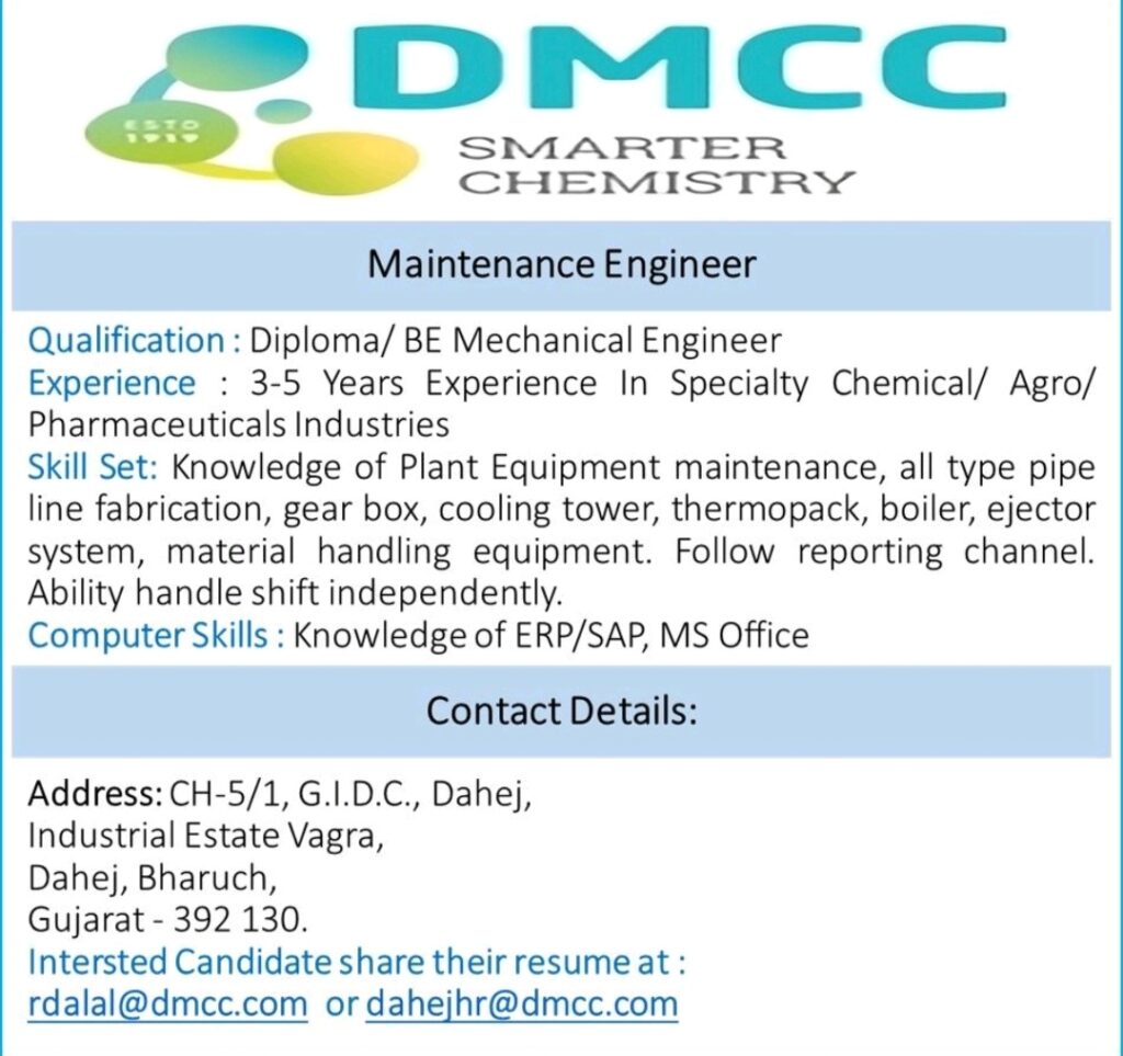 Job vacancy in DMCC Speciality Chemicals and Farbe Firma Pvt Ltd