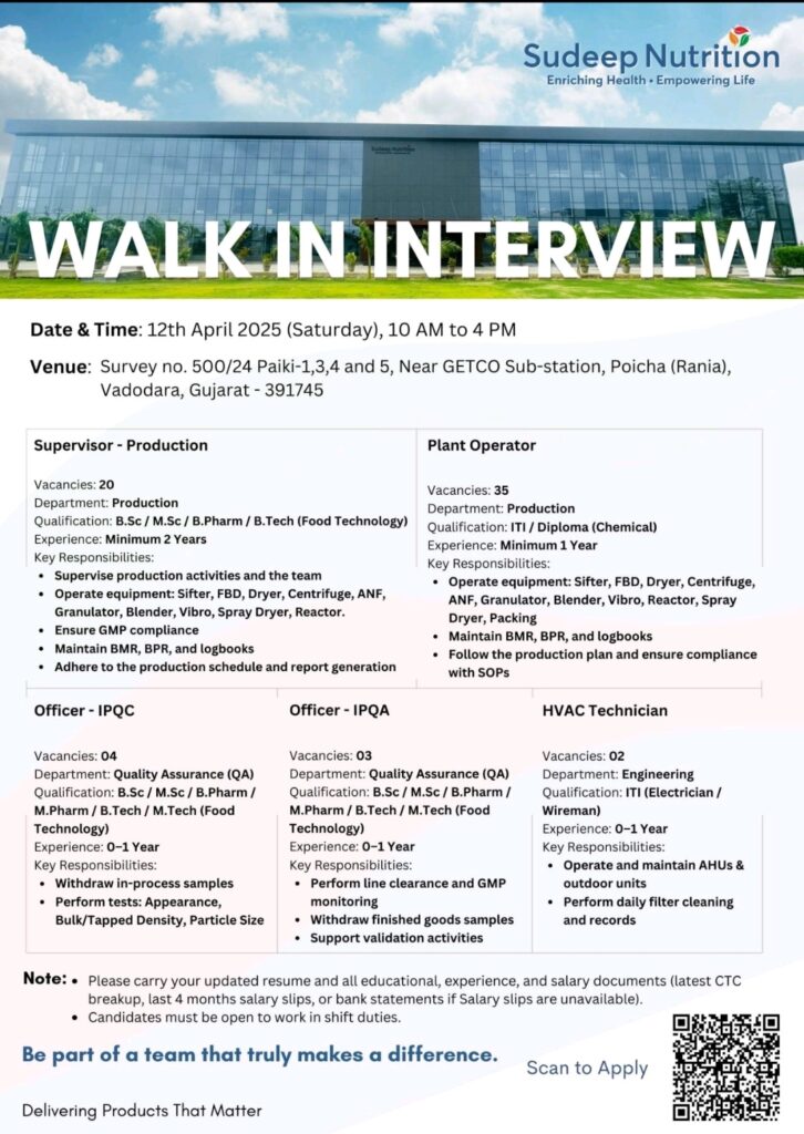 Jobs in PI Industries and Sudeep Nutrition
