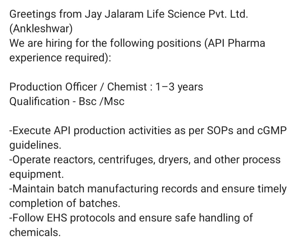 Jobs in Rusan Pharma and Jay Jalaram Life Science in Ankleshwar