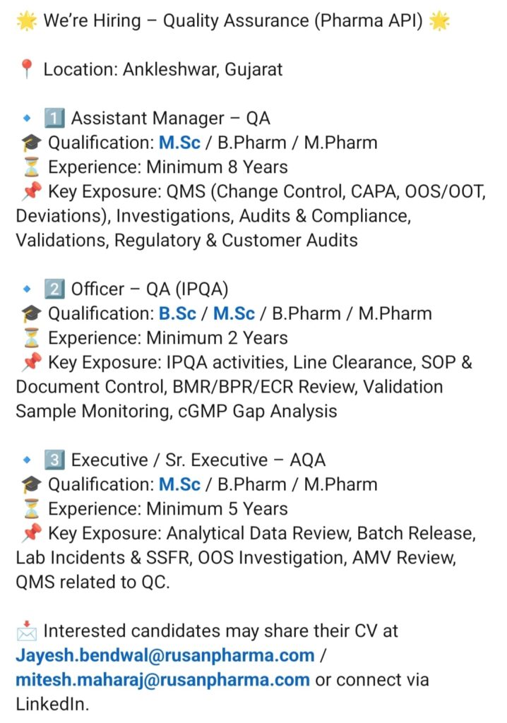 Jobs in Rusan Pharma and Jay Jalaram Life Science in Ankleshwar