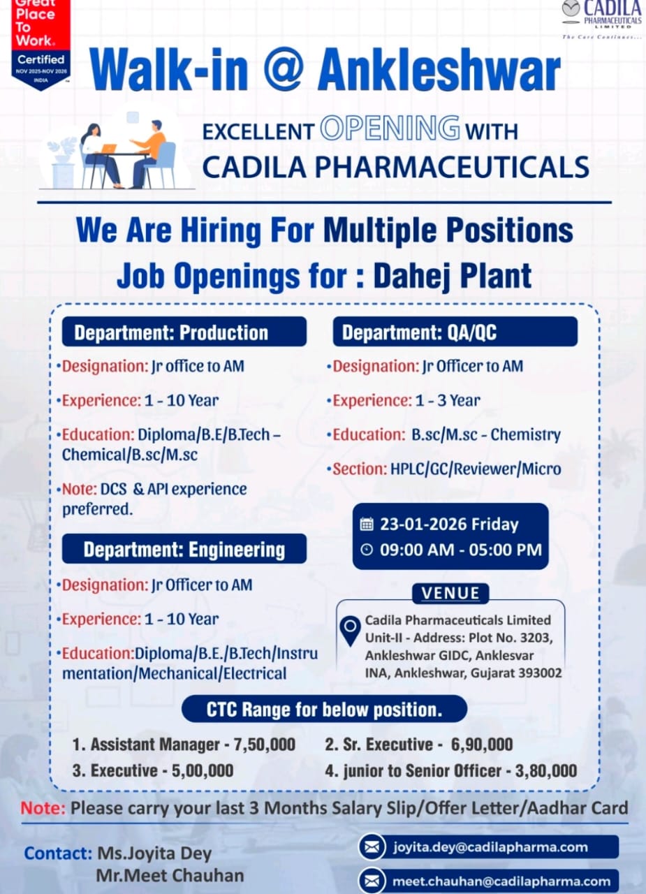 Walk-in Interview – Cadila Pharmaceuticals,
