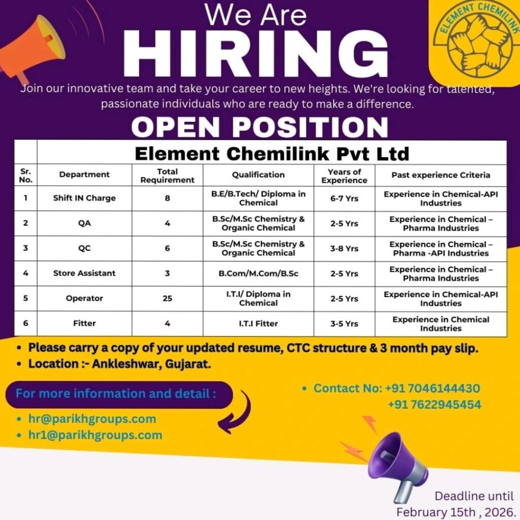 Jobs in Element Chemilink Ankleshwar