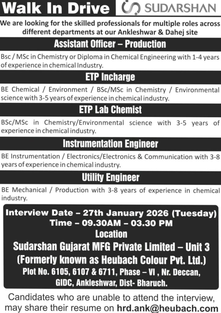 Walk-In Interview at Sudarshan Gujarat MFG Private Limited