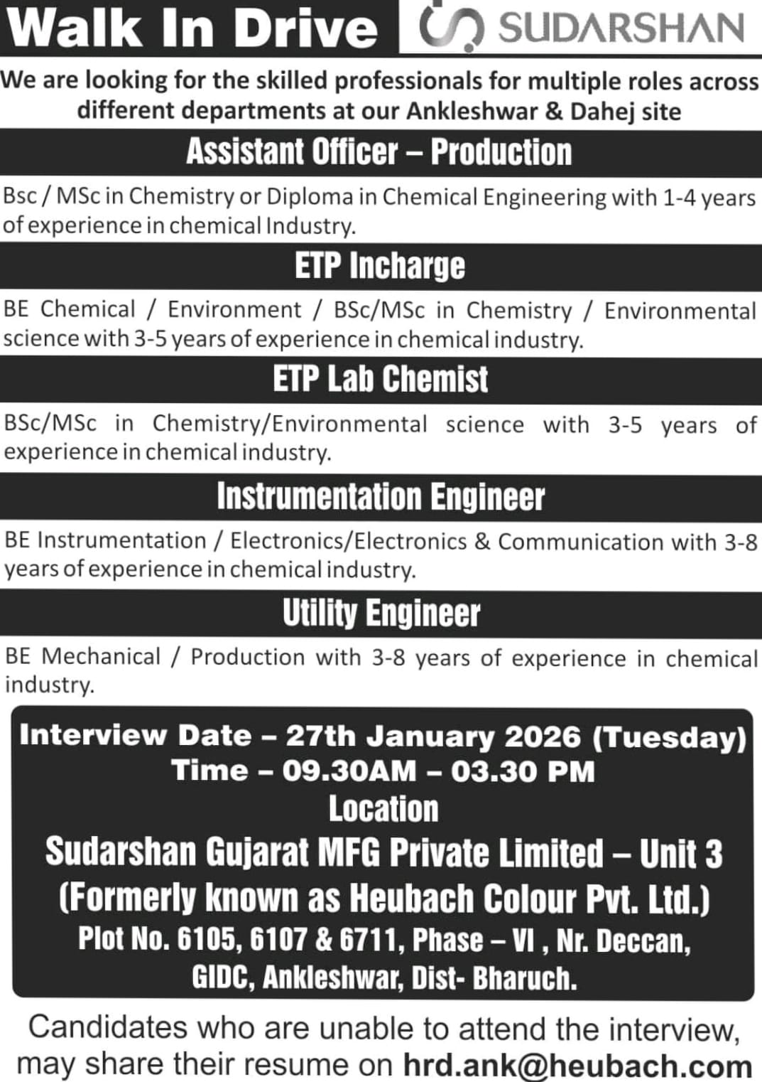 Walk-In Interview at Sudarshan Gujarat MFG Private Limited