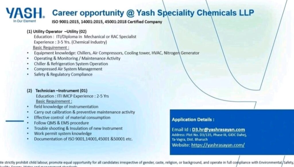 Career Opportunity at Yash Speciality Chemicals LLP – Utility Operator & Instrument Technician Jobs