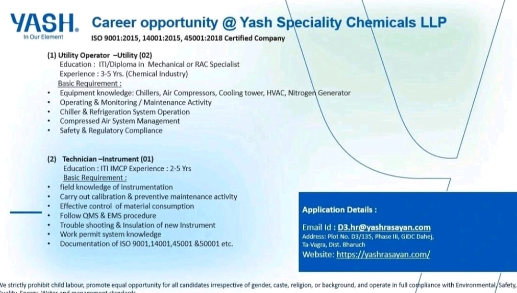 Career Opportunity at Yash Speciality Chemicals LLP – Utility Operator & Instrument Technician Jobs