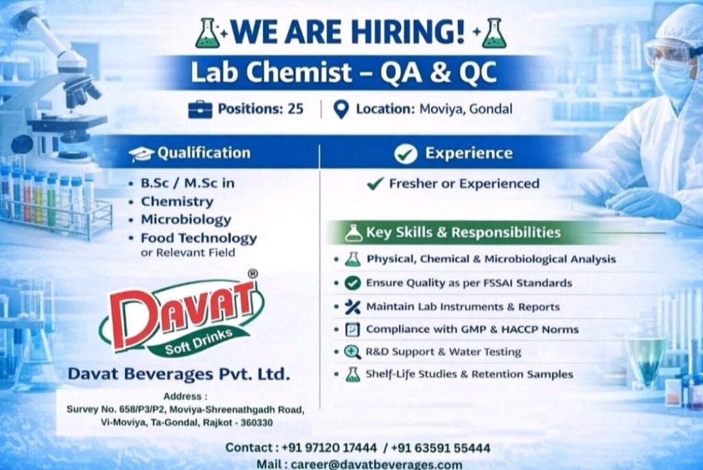 Urgent Hiring for Lab Chemist at Davat Beverages Pvt. Ltd., Gondal