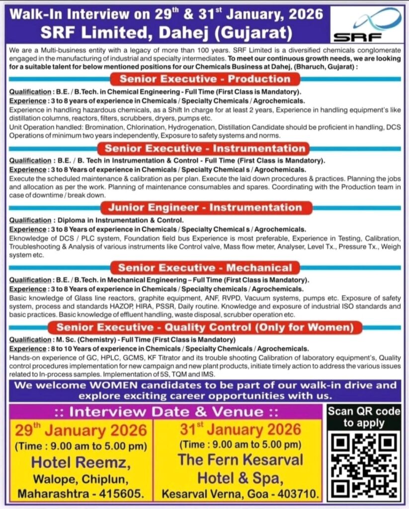SRF Limited Dahej Walk-In Interview 2026 | Production, Instrumentation, Mechanical & QC Jobs