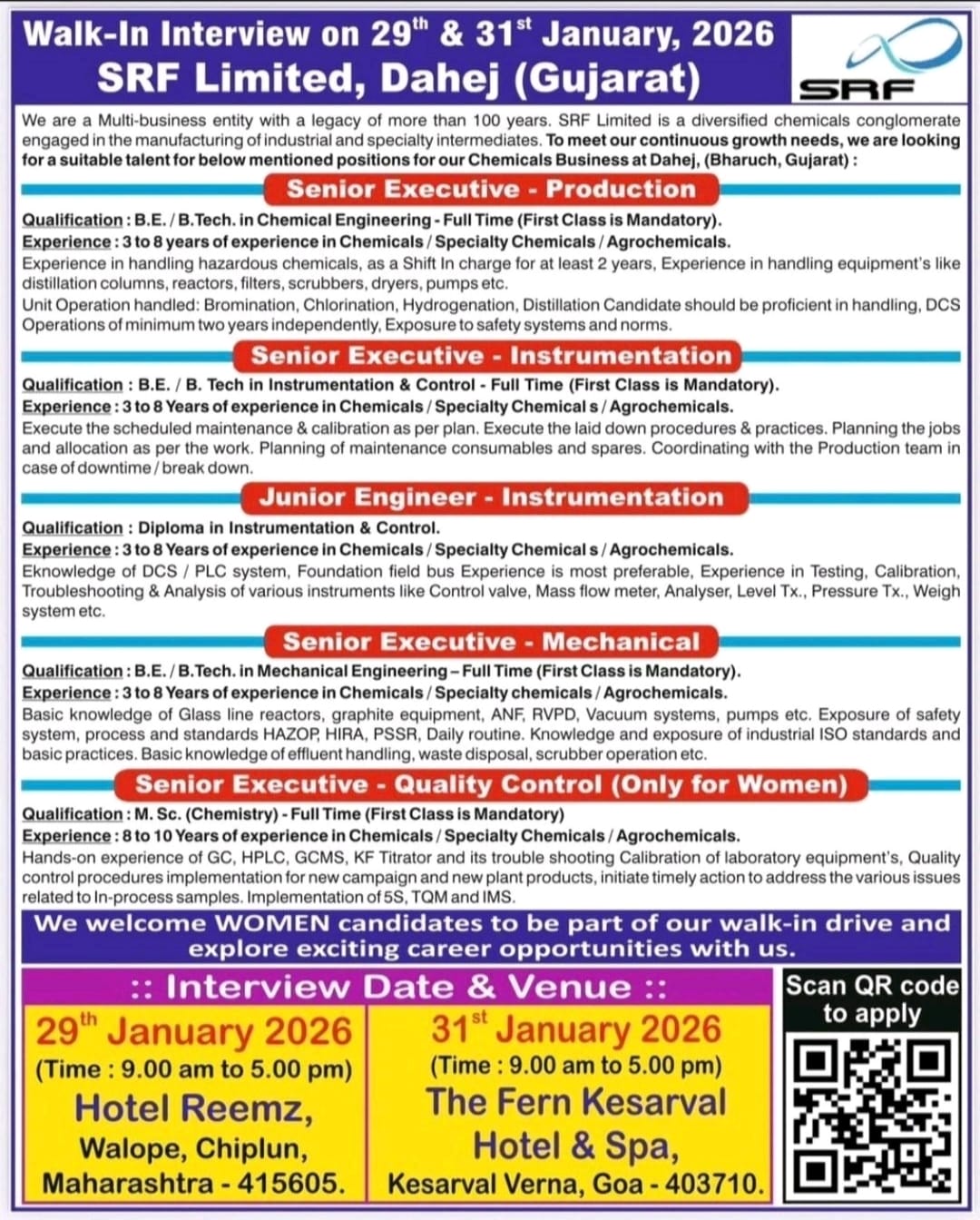 SRF Limited Dahej Walk-In Interview 2026 | Production, Instrumentation, Mechanical & QC Jobs
