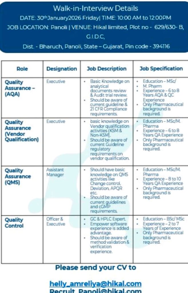 Hikal Limited Panoli Walk-In Interview 2026 | QA & QC Executive and Assistant Manager Jobs