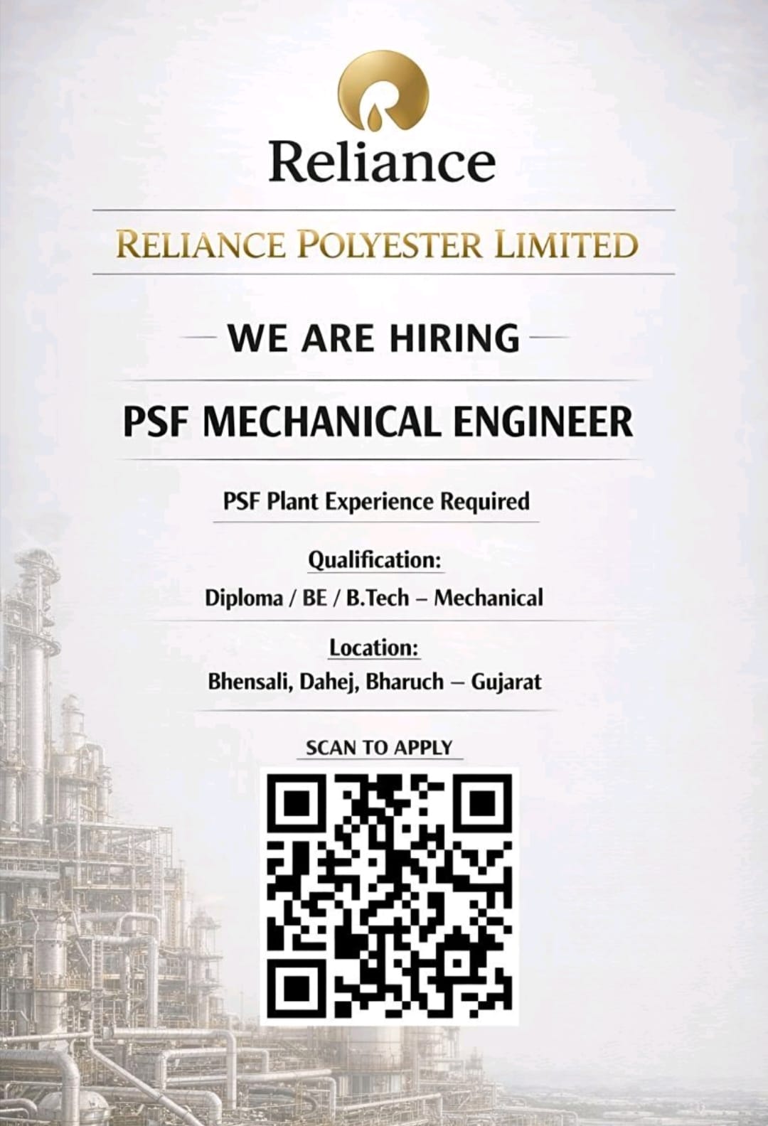 Reliance Polyester Limited Recruitment 2026 | PSF Mechanical Engineer Jobs in Dahej, Bharuch