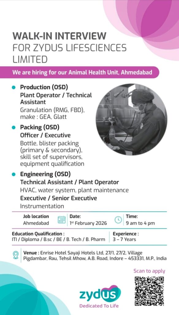 Zydus Lifesciences Walk-In Interview 2026 | Production, Packing & Engineering Jobs in Ahmedabad