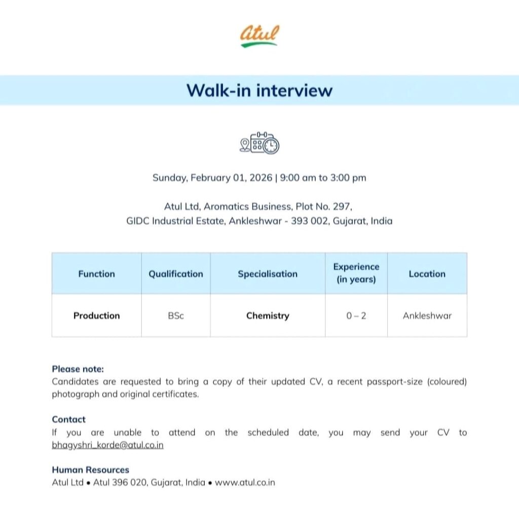 Atul Ltd Ankleshwar Walk-In Interview 2026 | Production Jobs for BSc Chemistry Freshers & Experienced