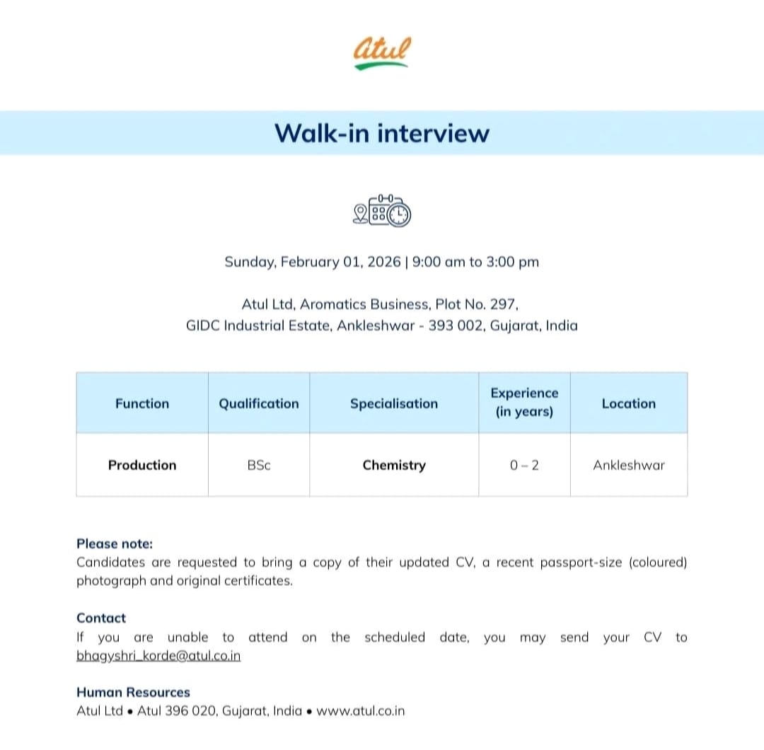Atul Ltd Ankleshwar Walk-In Interview 2026 | Production Jobs for BSc Chemistry Freshers & Experienced