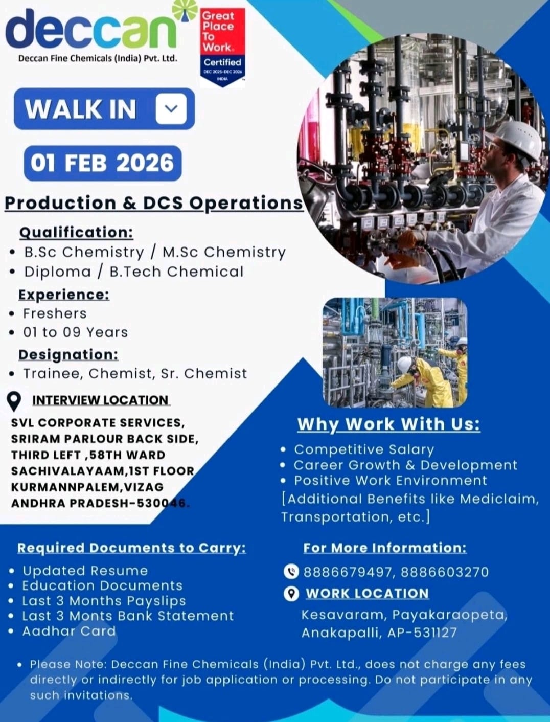 Deccan Fine Chemicals Walk-In Interview 2026 | Production & DCS Operations Jobs for Chemists