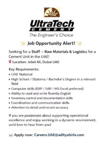 UltraTech Cement UAE Hiring Staff – Raw Materials & Logistics for Cement Unit in Dubai