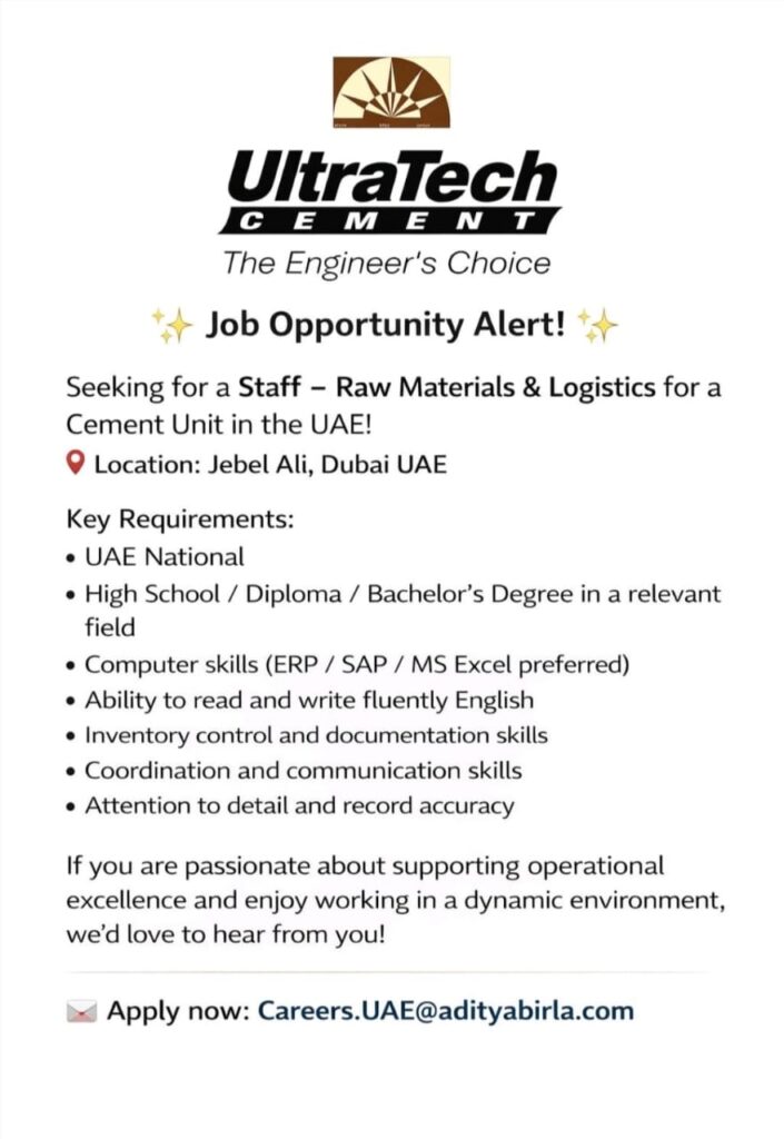 UltraTech Cement UAE Hiring Staff – Raw Materials & Logistics for Cement Unit in Dubai