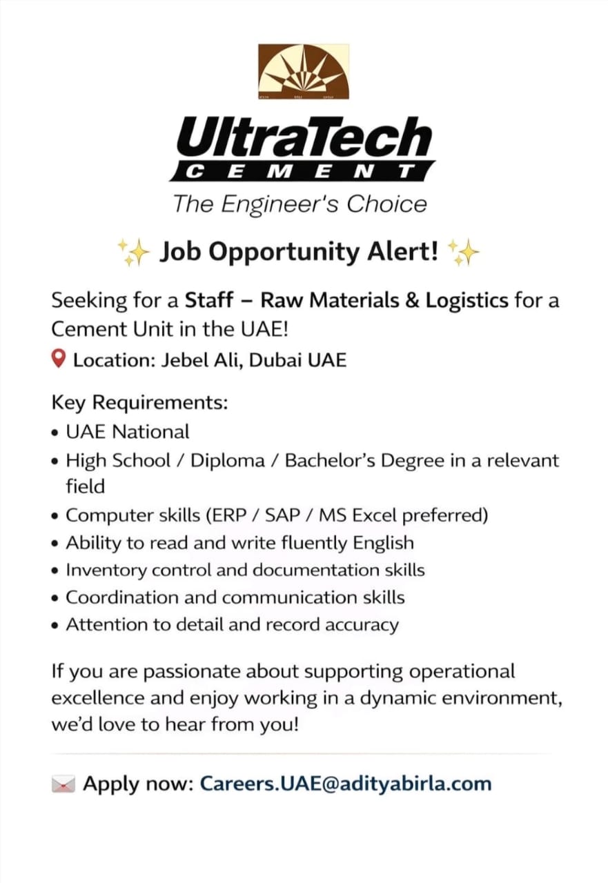 UltraTech Cement UAE Hiring Staff – Raw Materials & Logistics for Cement Unit in Dubai