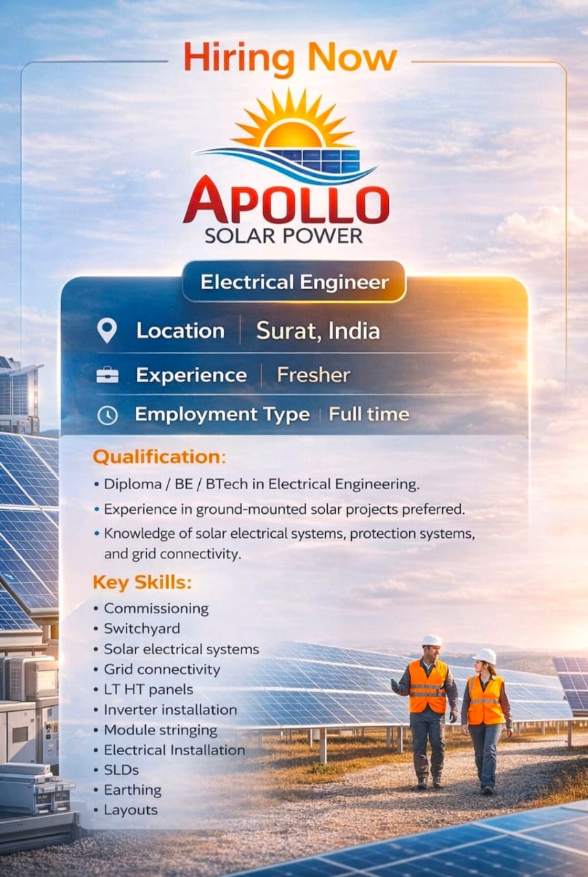 Apollo Solar Power Hiring Electrical Engineer in Surat | Fresher Jobs 2026