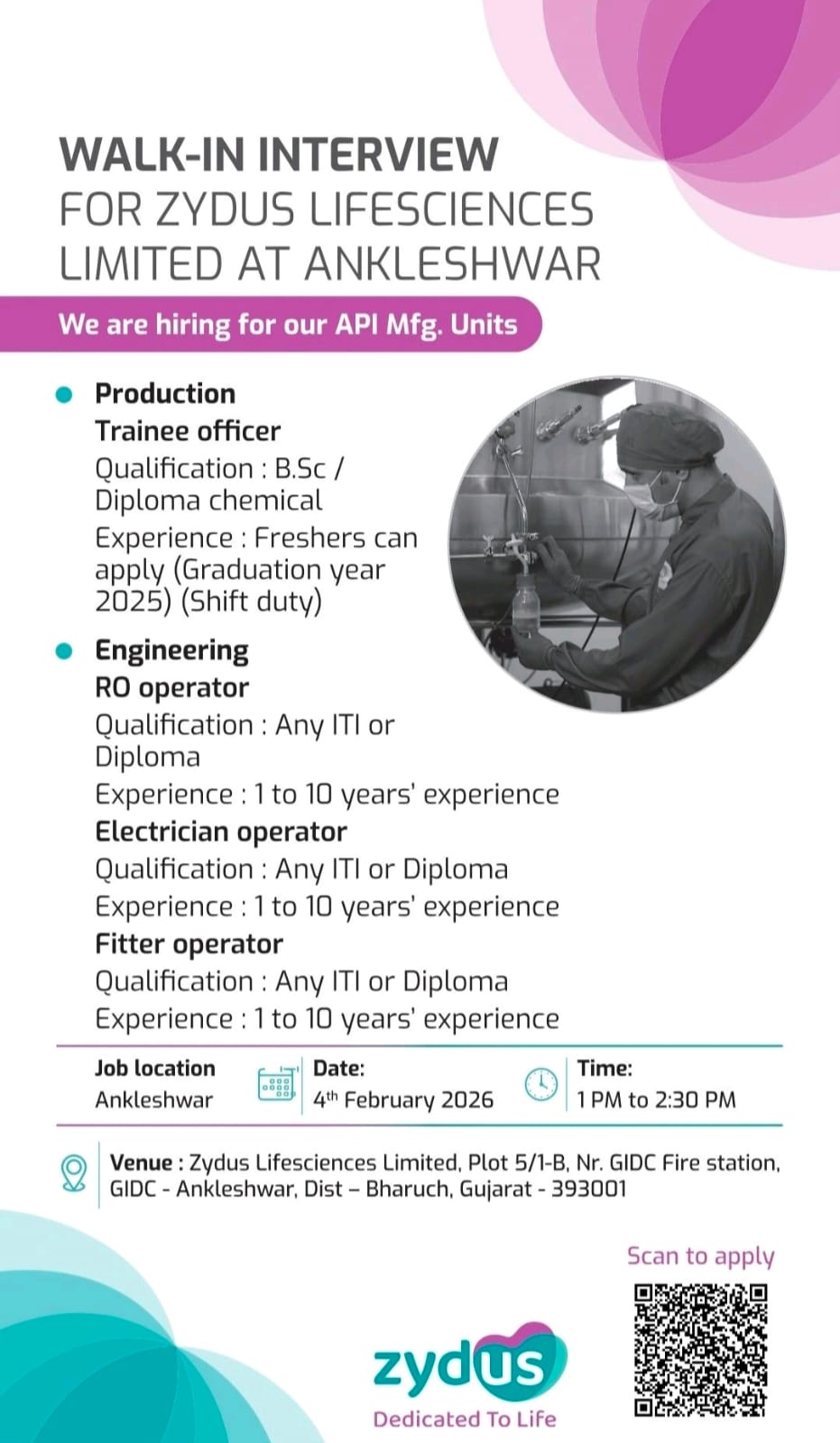 Zydus Lifesciences Limited Walk-In Interview at Ankleshwar | Production & Engineering Jobs (API Unit)