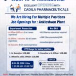 Cadila Pharmaceuticals Walk-In Interview at Ankleshwar | Production Department Hiring Officers & Executives
