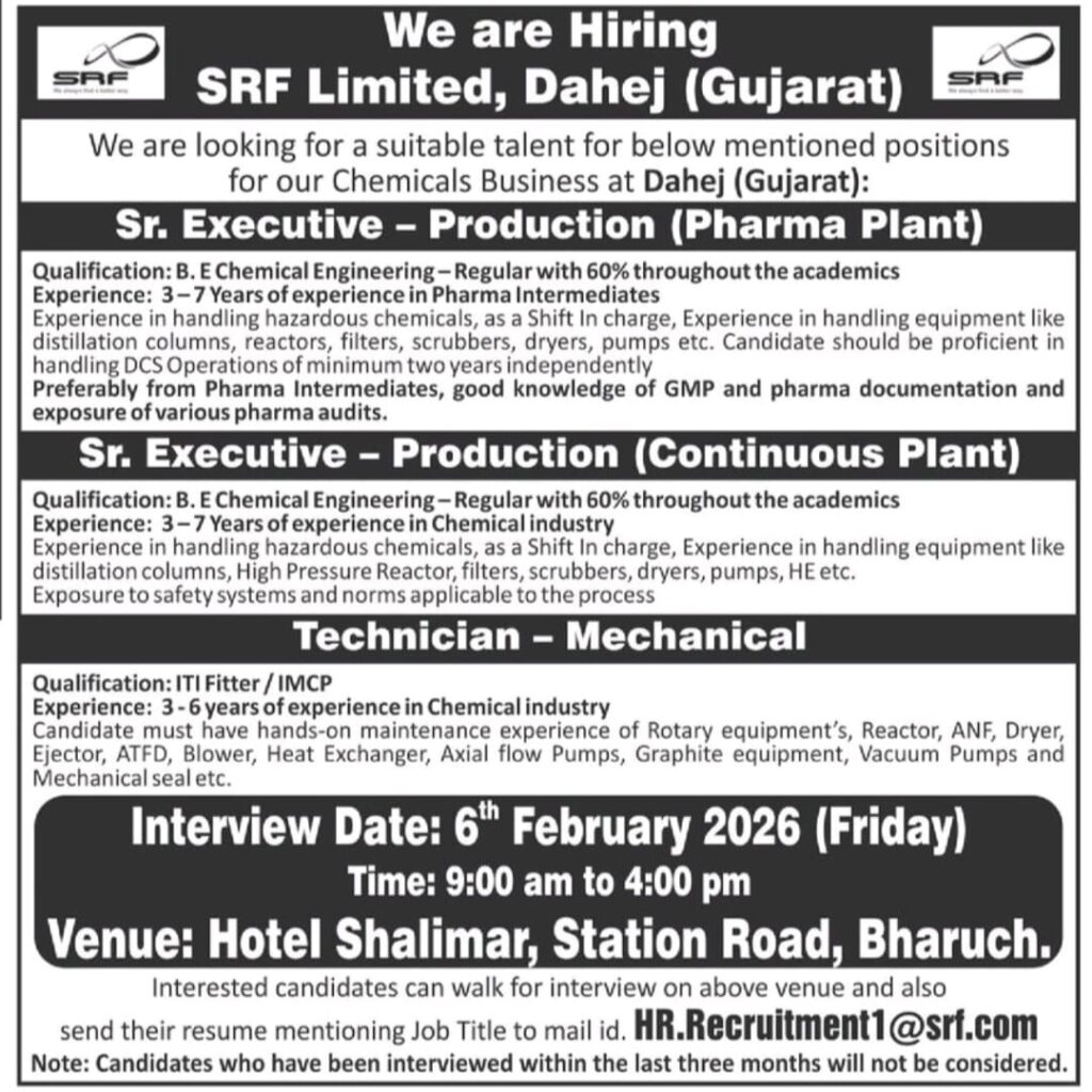 SRF Limited Hiring for Production & Mechanical Roles – Dahej, Gujarat