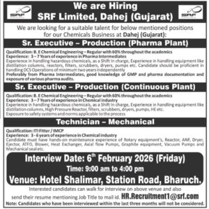 SRF Limited Hiring for Production & Mechanical Roles – Dahej, Gujarat