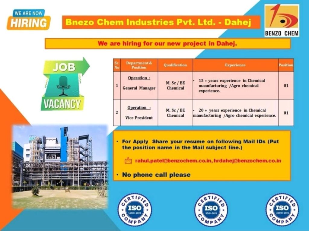 Benzo Chem Industries Pvt Ltd Hiring 2026 | Senior Management Jobs in Dahej