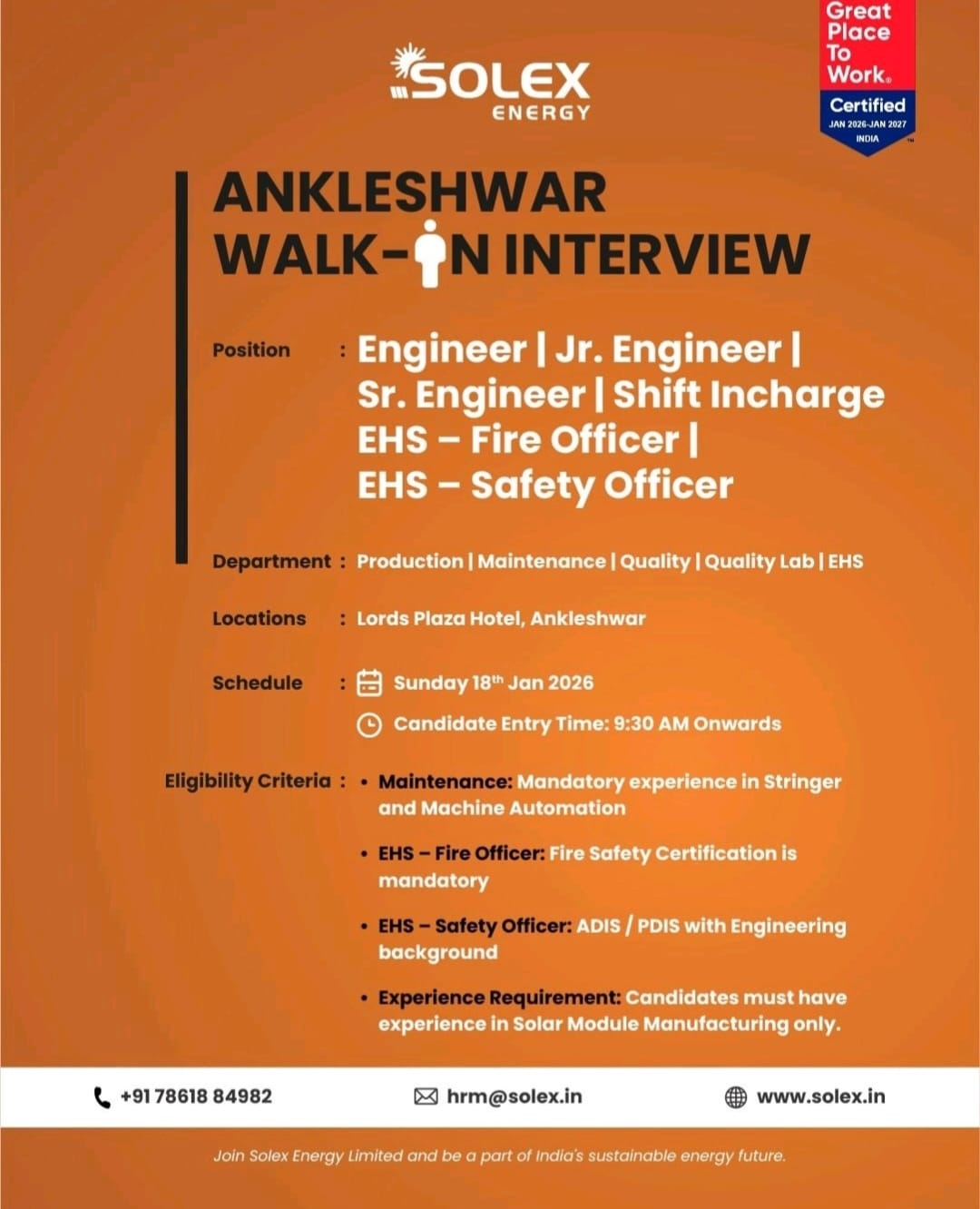 Solex Energy Ankleshwar Walk-In Interview 2026 | Engineer & EHS Jobs
