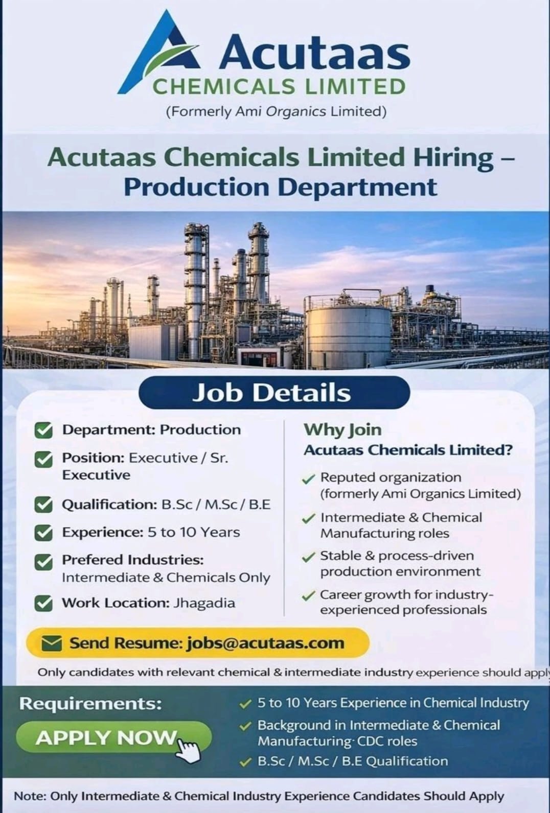Acutaas Chemicals Limited Hiring Executive / Senior Executive – Production Department | Jhagadia, Gujarat