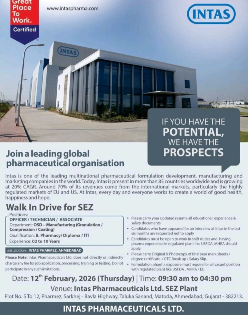 Intas Pharmaceuticals Walk-In Drive for Officer / Technician / Associate – SEZ Manufacturing | Ahmedabad