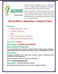 Willowood India Hiring Apprentice / Trainee (1 Year) – Freshers | Vadodara