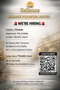 Reliance Polyester Limited Hiring Fireman – Diploma Fire & Safety | Bharuch, Gujarat