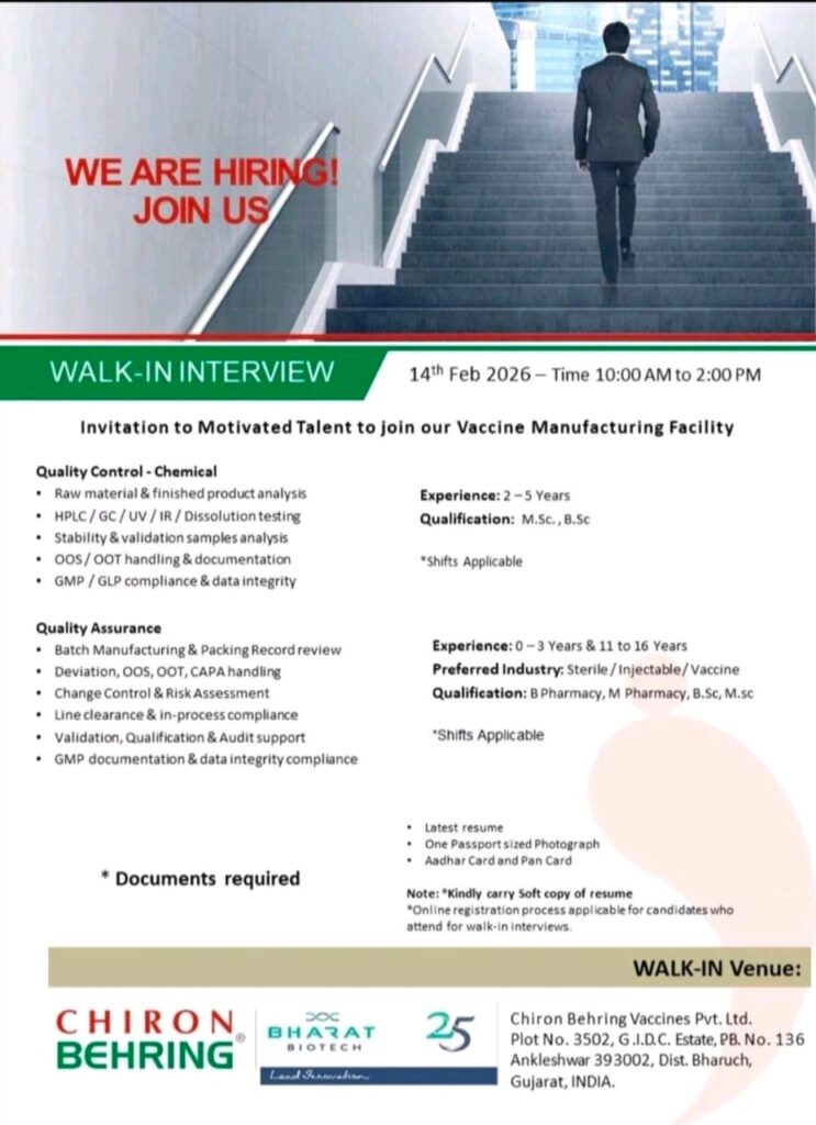 Chiron Behring Vaccines Pvt. Ltd. Walk-In Interview 2026 | QC & QA Positions | Ankleshwar