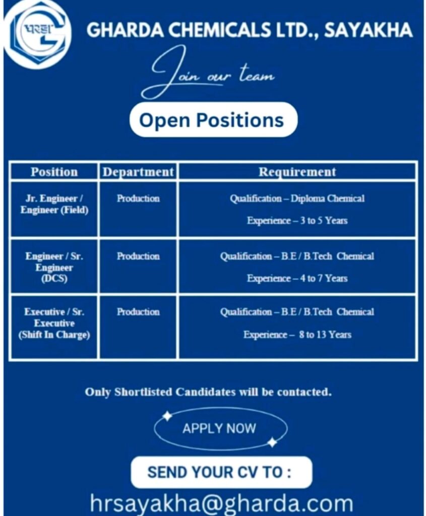 Gharda Chemicals Ltd Sayakha – Hiring for Production Department | Apply Now