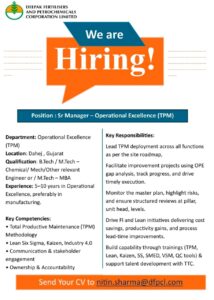 Deepak Fertilisers & Petrochemicals Corporation Limited Hiring 2026 | Sr Manager – Operational Excellence (TPM) | Dahej, Gujarat