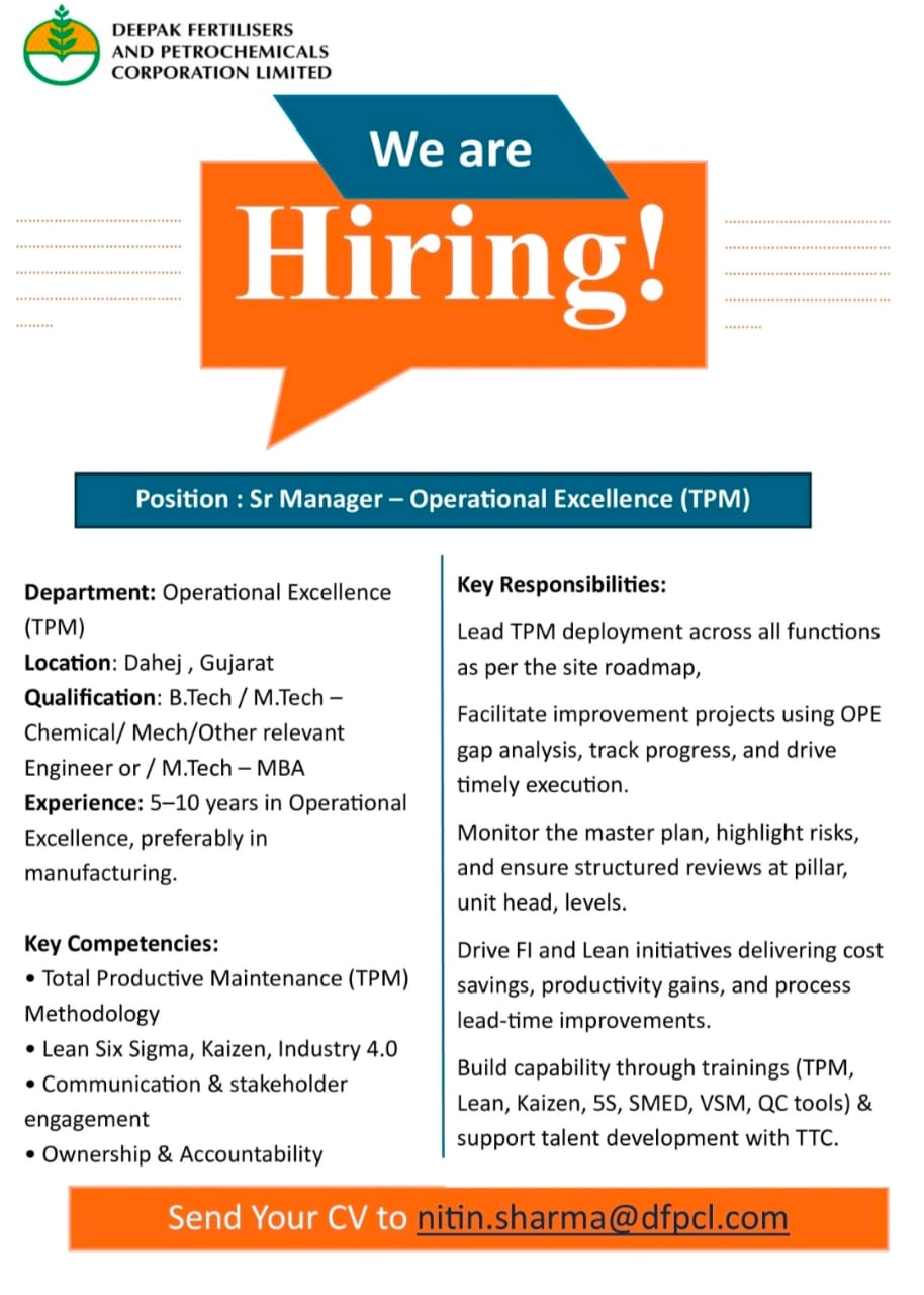 Deepak Fertilisers & Petrochemicals Corporation Limited Hiring 2026 | Sr Manager – Operational Excellence (TPM) | Dahej, Gujarat
